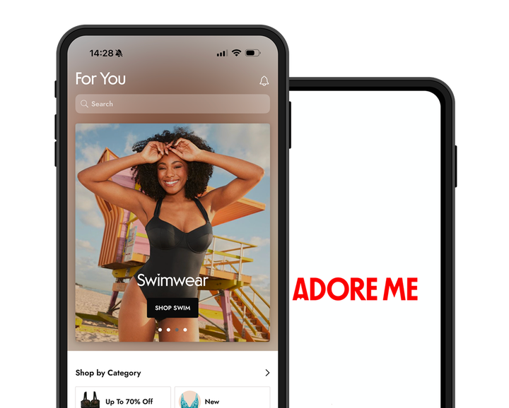 Two phones show the Adore Me app and logo.
