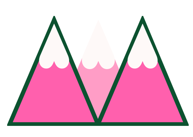 Three triangular pink and white mountains with dark green outlines.