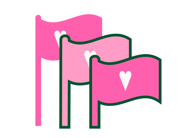 Three pink flags with hearts, outlined in dark green.