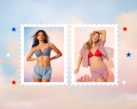 Two women wearing gingham pajama sets with patriotic stars around them.