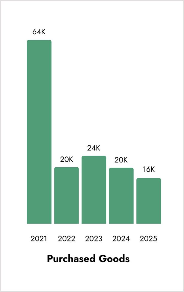 Bar graph showing purchased goods from 2021 to 2025.