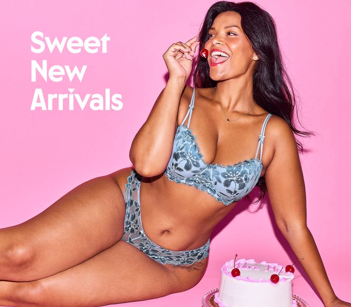 Sweet New Arrivals. Woman in floral blue lace bra and panties.