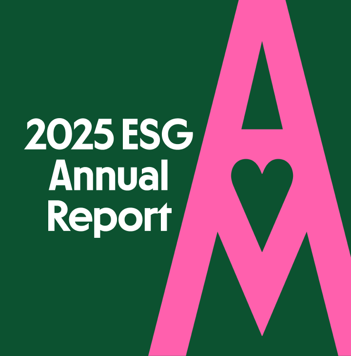 2025 ESG Annual Report" text on green background with pink "A" logo.