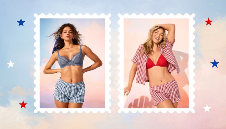 Two models in blue and red gingham lingerie sets.