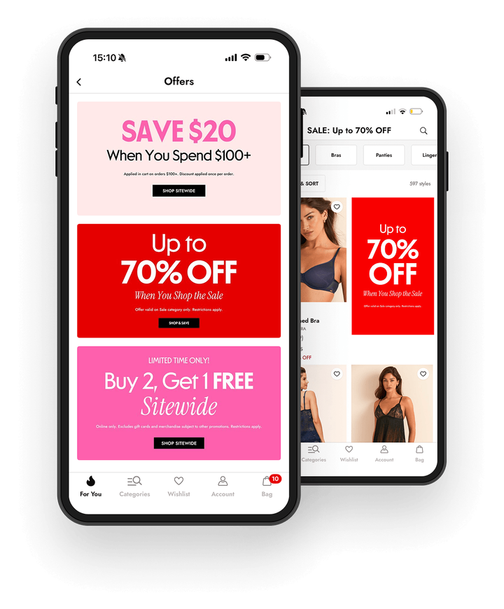 Mobile app screens displaying offers: Save $20, Up to 70% Off, Buy 2 Get 1 Free.