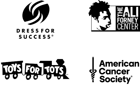 Logos for Dress for Success, Ali Forney Center, Toys for Tots, and American Cancer Society.
