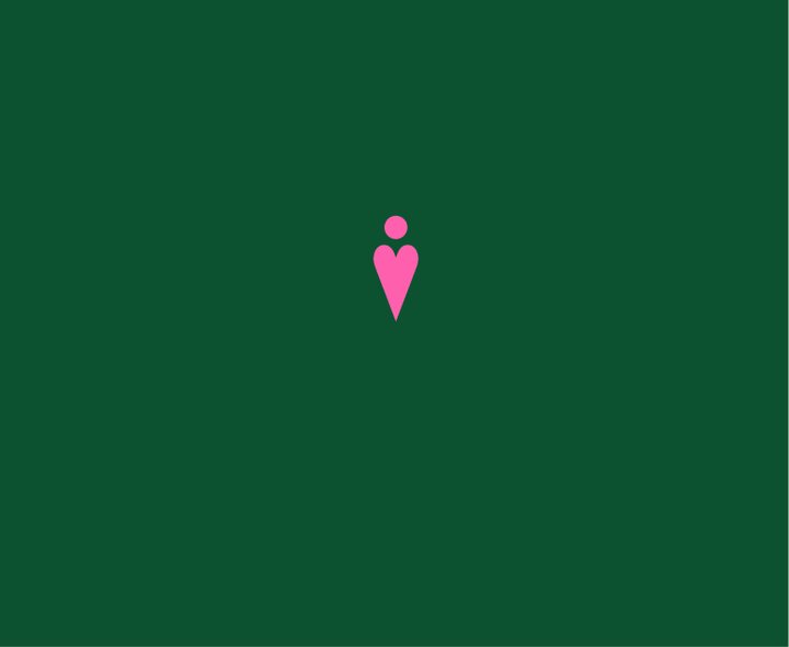 Pink heart and dot logo against a dark green background.