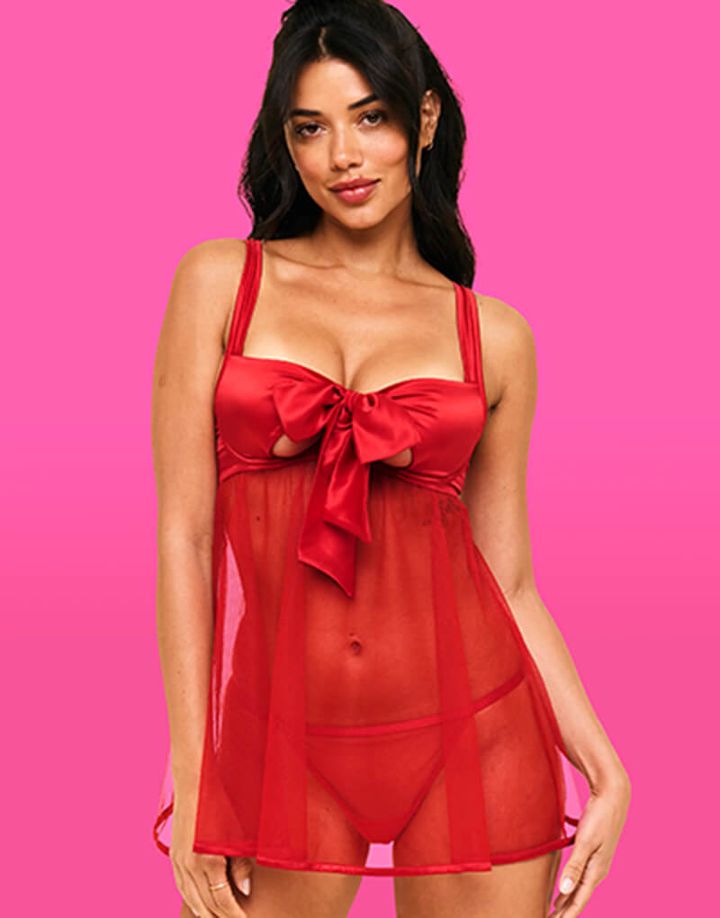red satin and mesh bow babydoll lingerie set with gstring panty