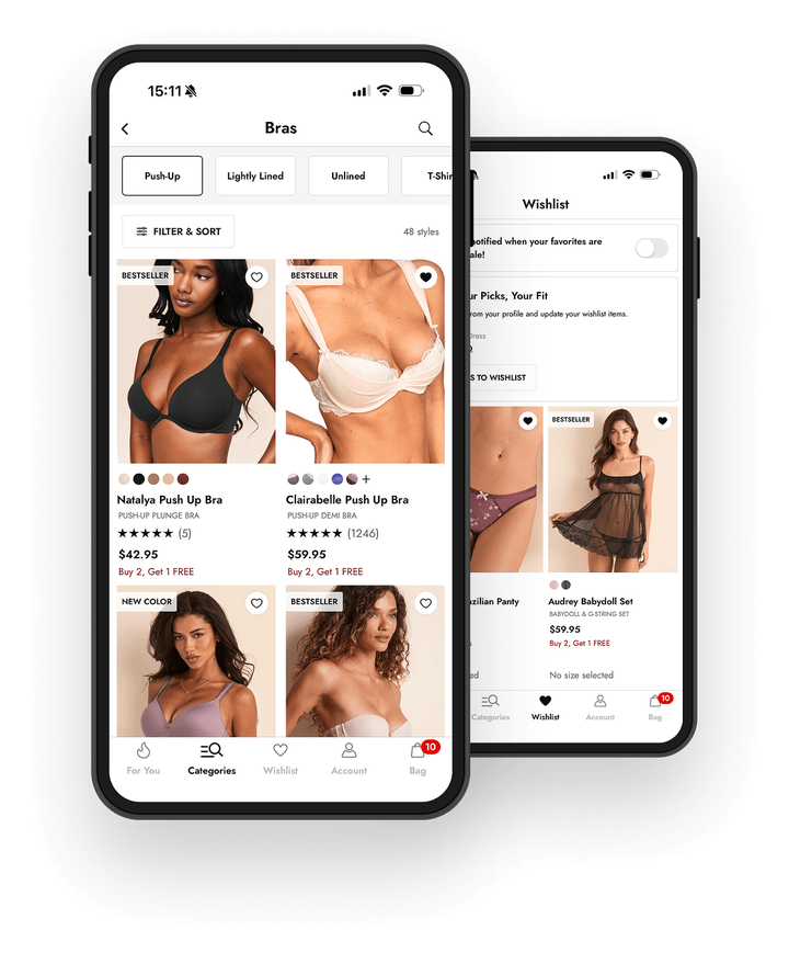 Mobile app displaying bras and other lingerie, with a wishlist screen.