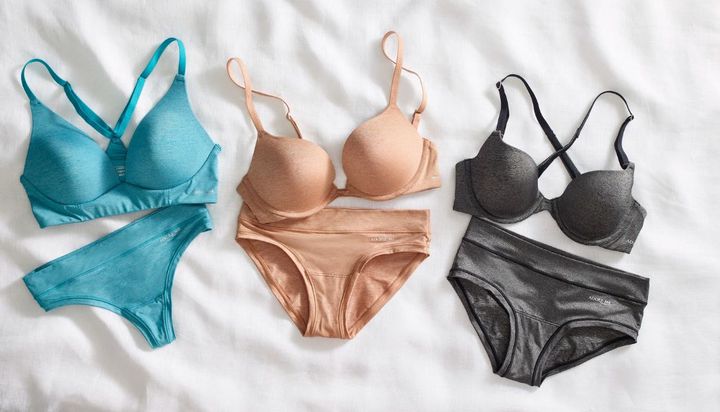 Three sets of Auden women's bras and underwear in teal, tan, and gray.