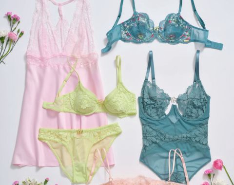 Pink nightgown, blue and lime green lingerie sets with floral embroidery.