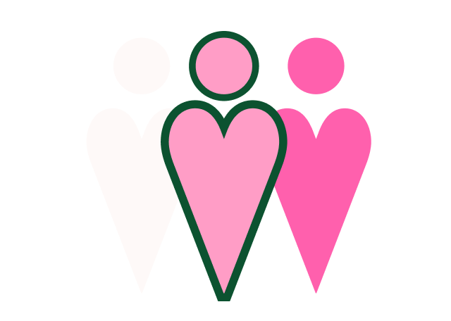 Pink and green graphic of three stylized people, one prominent.