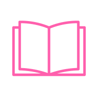 Pink outline icon of an open book.