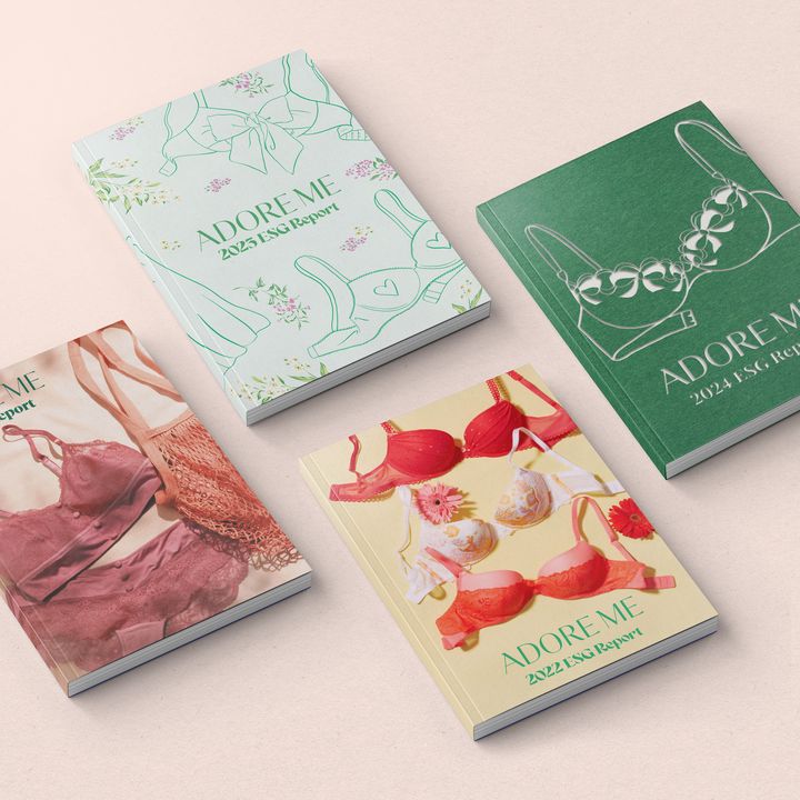 Adore Me ESG reports and lingerie product photos.