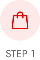 Red shopping bag icon inside a red circle with the text "STEP 1".
