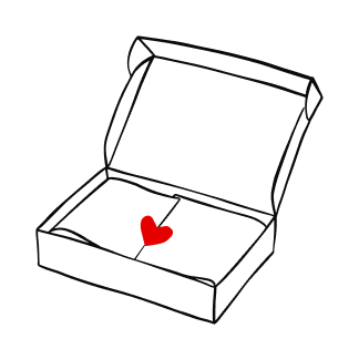 An open gift box containing tissue paper and a small red heart.