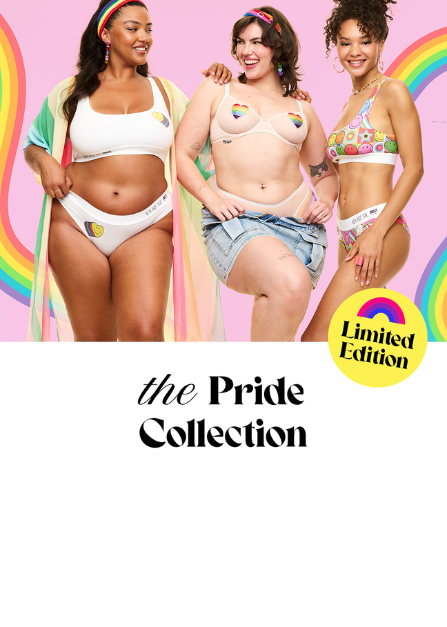 Three models wearing Lounge Underwear's Limited Edition Pride collection.