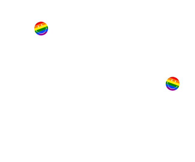 Two small LGBTQ+ rainbow circles on a black background.
