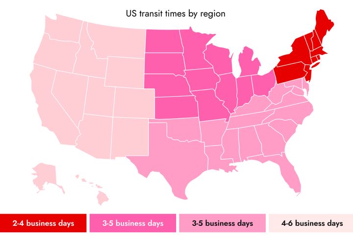 US transit times by region map: 2-4, 3-5, and 4-6 business days.