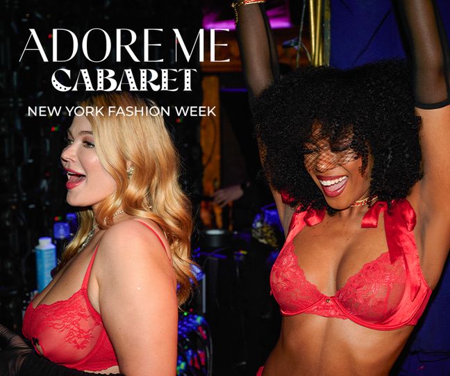Adore Me Cabaret New York Fashion Week. Two women wearing red lingerie.